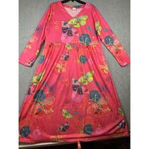 Pink Butterfly Dress Womens XL Long Sleeve Fit Flare Jersey Casual Knee Length